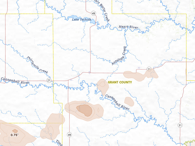 Radar-estimated hail-size map of the storm over Elgin, ND on Jul 9, 2026