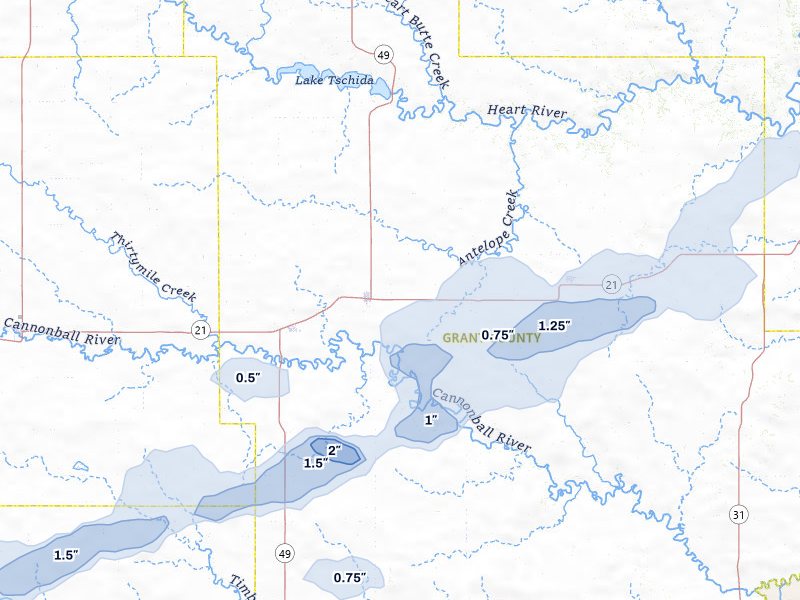 NEXRAD radar-signature map of the hail storm over Elgin, ND on Jul 9, 2026