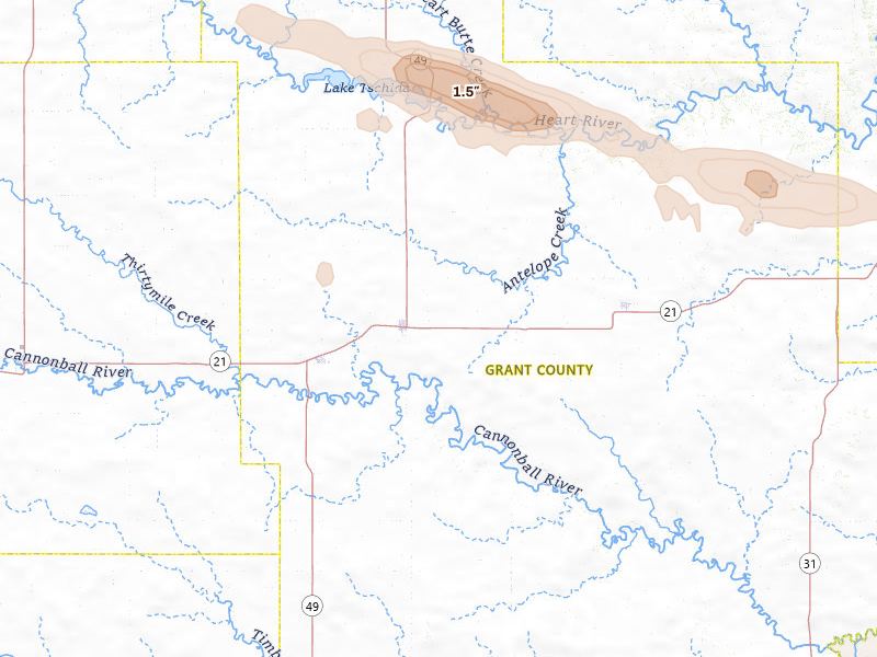 Radar-estimated hail-size map of the storm over Elgin, ND on Jul 19, 2026