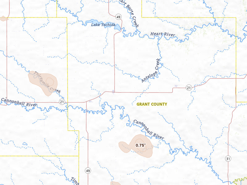 Radar-estimated hail-size map of the storm over Elgin, ND on Jul 29, 2026