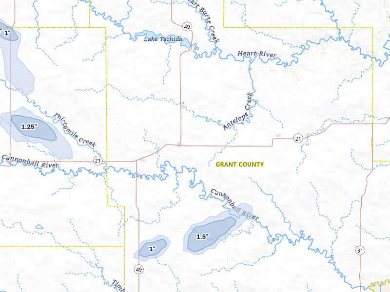 NEXRAD radar-signature map of the hail storm over Elgin, ND on Jul 29, 2026