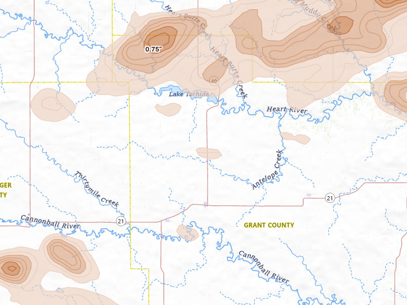 Radar-estimated hail-size map of the storm over Elgin, ND on Aug 11, 2026