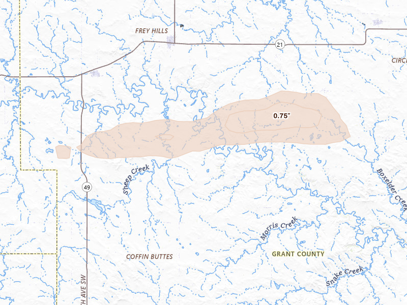 Radar-estimated hail-size map of the storm over Elgin, ND on Aug 17, 2026