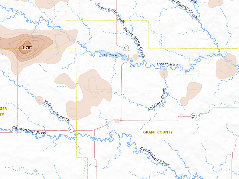 Radar-estimated hail-size map of the storm over Elgin, ND on Aug 30, 2026