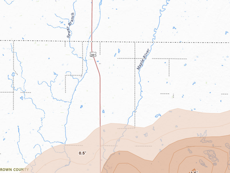 Radar-estimated hail-size map of the storm over Ellendale, ND on Jun 3, 2026