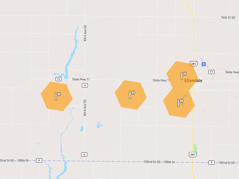 Hail map of Ellendale, ND on Jun 3, 2026, hail up to 1"