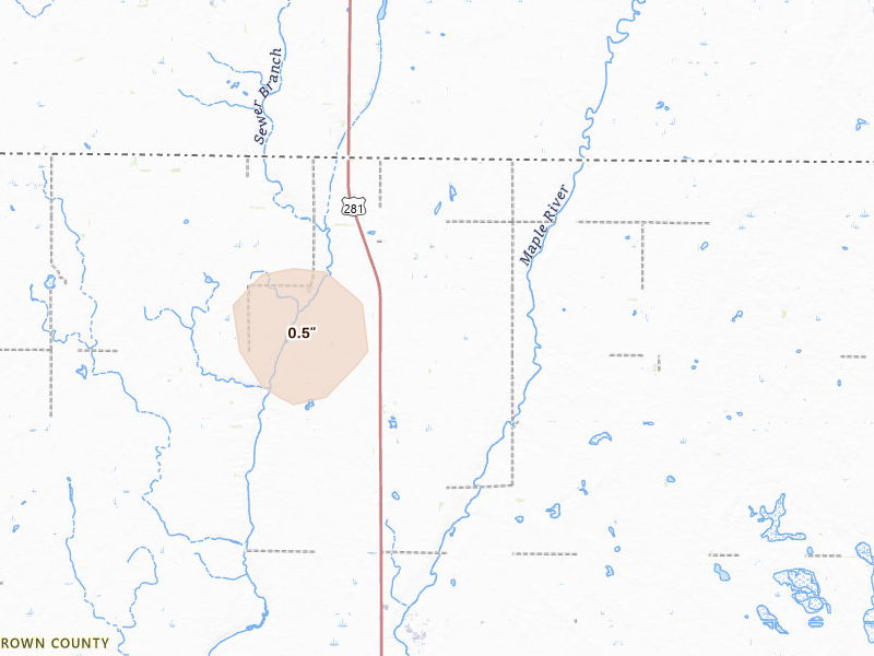 Radar-estimated hail-size map of the storm over Ellendale, ND on Jun 27, 2026