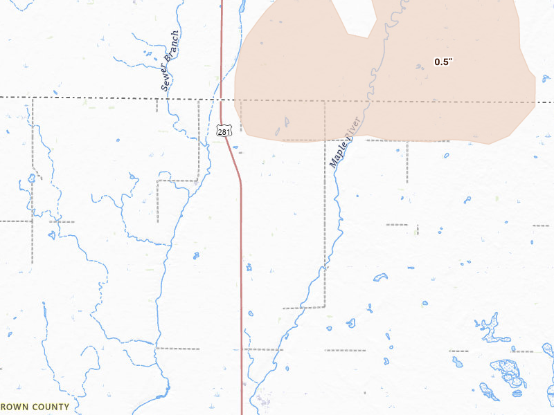 Radar-estimated hail-size map of the storm over Ellendale, ND on Jul 9, 2026