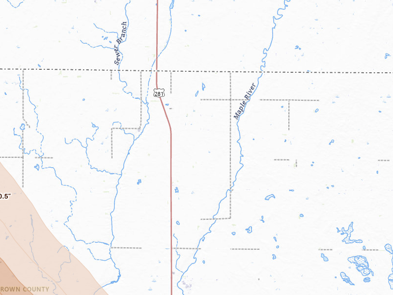 Radar-estimated hail-size map of the storm over Ellendale, ND on Jul 24, 2026