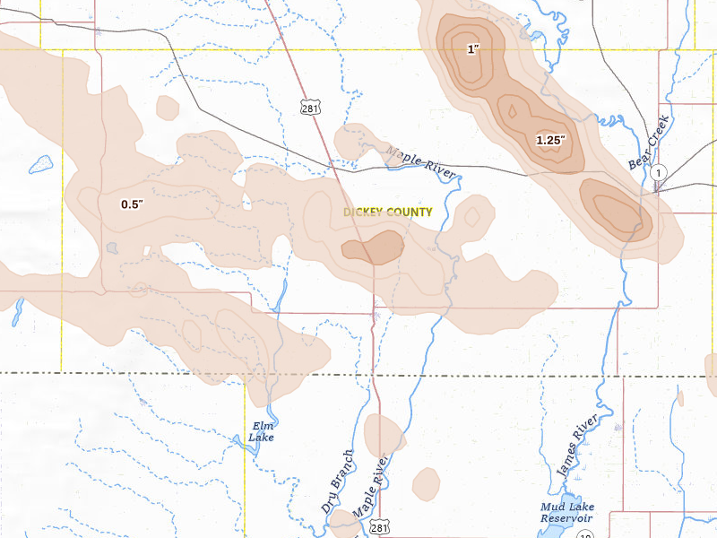 Radar-estimated hail-size map of the storm over Ellendale, ND on Aug 24, 2026