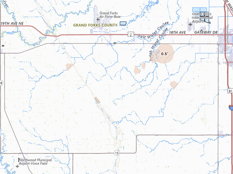 Radar-estimated hail-size map of the storm over Emerado, ND on Jun 3, 2026