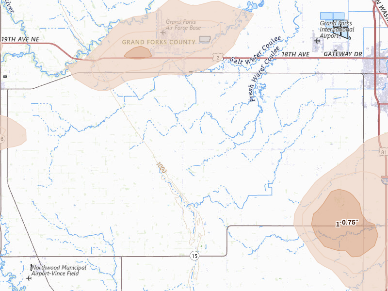 Radar-estimated hail-size map of the storm over Emerado, ND on Jul 30, 2026