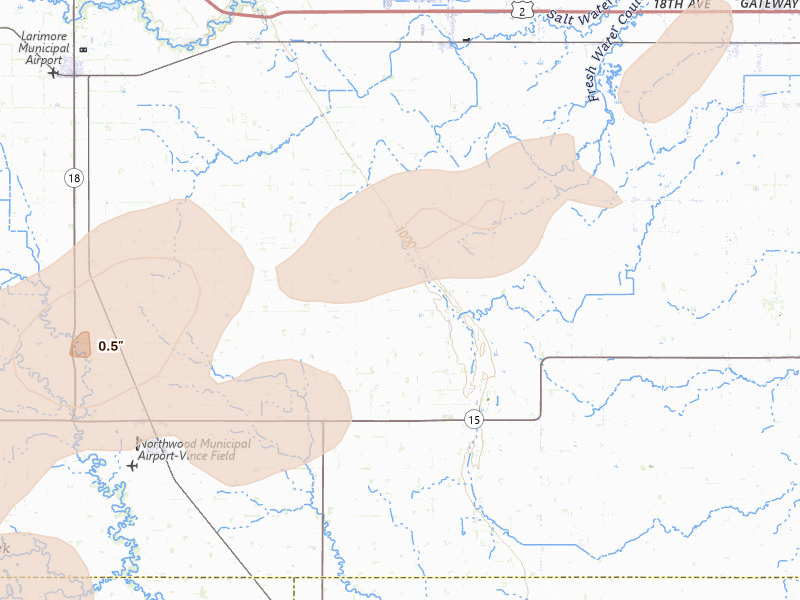 Radar-estimated hail-size map of the storm over Emerado, ND