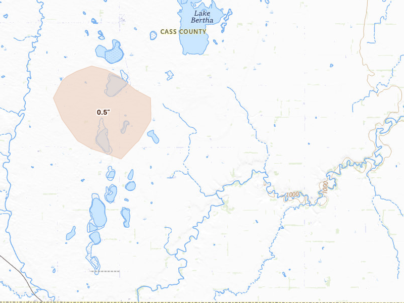 Radar-estimated hail-size map of the storm over Enderlin, ND on Jul 6, 2026
