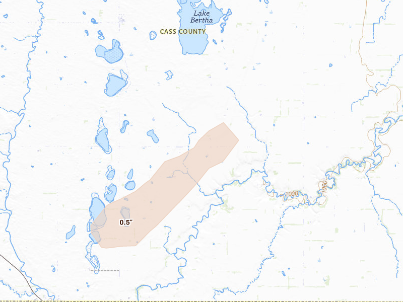 Radar-estimated hail-size map of the storm over Enderlin, ND on Jul 30, 2026