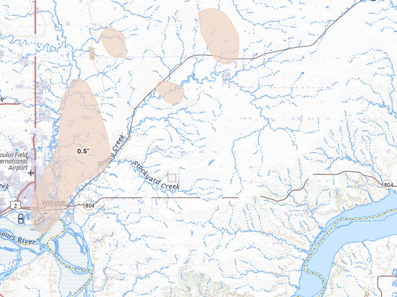Radar-estimated hail-size map of the storm over Epping, ND on Jun 6, 2026