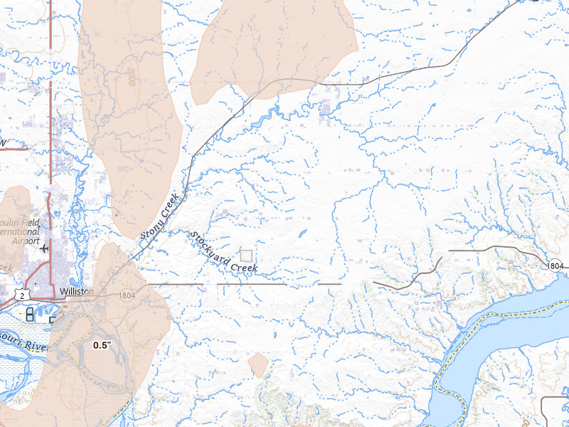 Radar-estimated hail-size map of the storm over Epping, ND on Jun 7, 2026