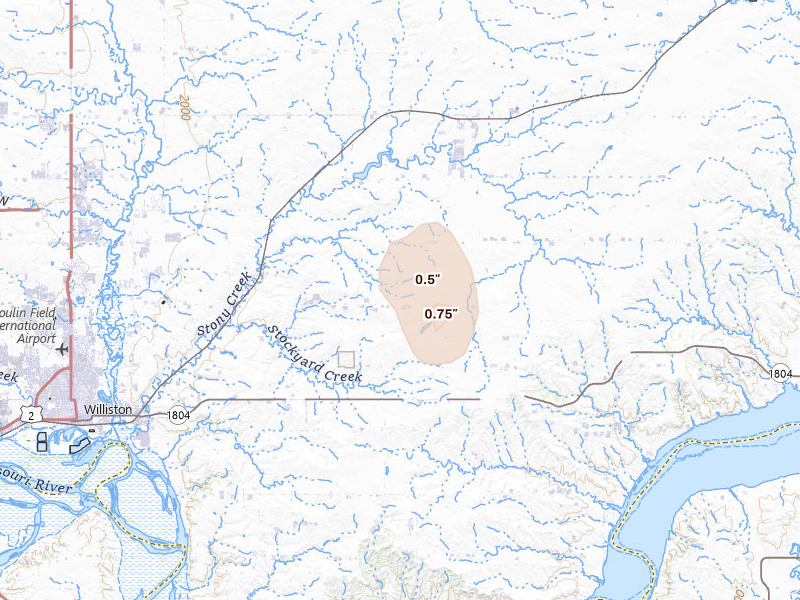 Radar-estimated hail-size map of the storm over Epping, ND on Jun 26, 2026