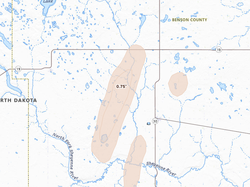 Radar-estimated hail-size map of the storm over Esmond, ND on Jun 2, 2026
