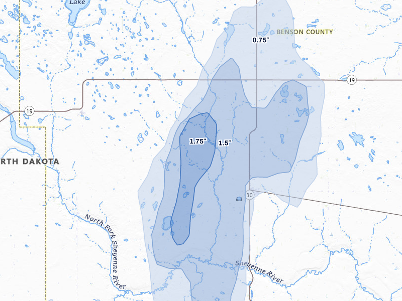 NEXRAD radar-signature map of the hail over Esmond, ND
