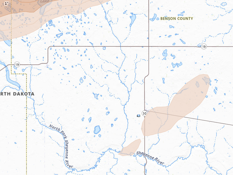 Radar-estimated hail-size map of the storm over Esmond, ND on Jun 28, 2026