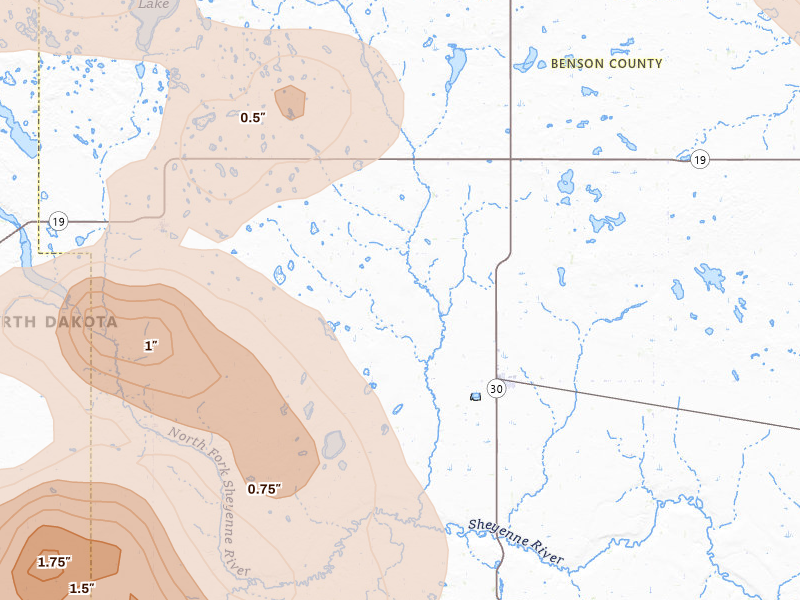 Radar-estimated hail-size map of the storm over Esmond, ND on Jul 9, 2026