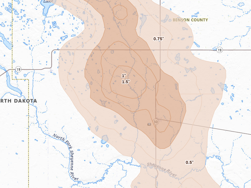 Radar-estimated hail-size map of the storm over Esmond, ND on Jul 16, 2026