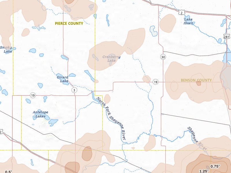 Radar-estimated hail-size map of the storm over Esmond, ND on Sep 3, 2026