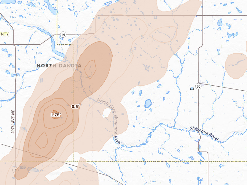 Radar-estimated hail-size map of the storm over Esmond, ND