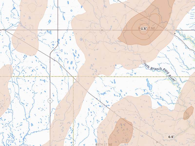 Radar-estimated hail-size map of the storm over Fairdale, ND on Jun 2, 2026