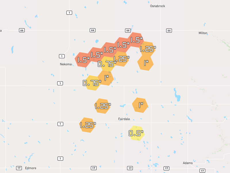 Hail map of Fairdale, ND on Jun 2, 2026, hail up to 1.5"