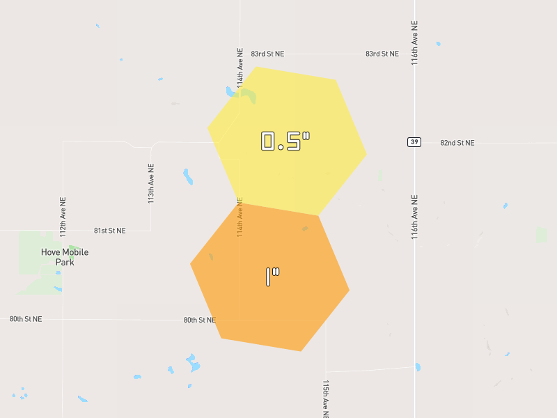 Hail map of Fairdale, ND on Jun 3, 2026, hail up to 1.75"