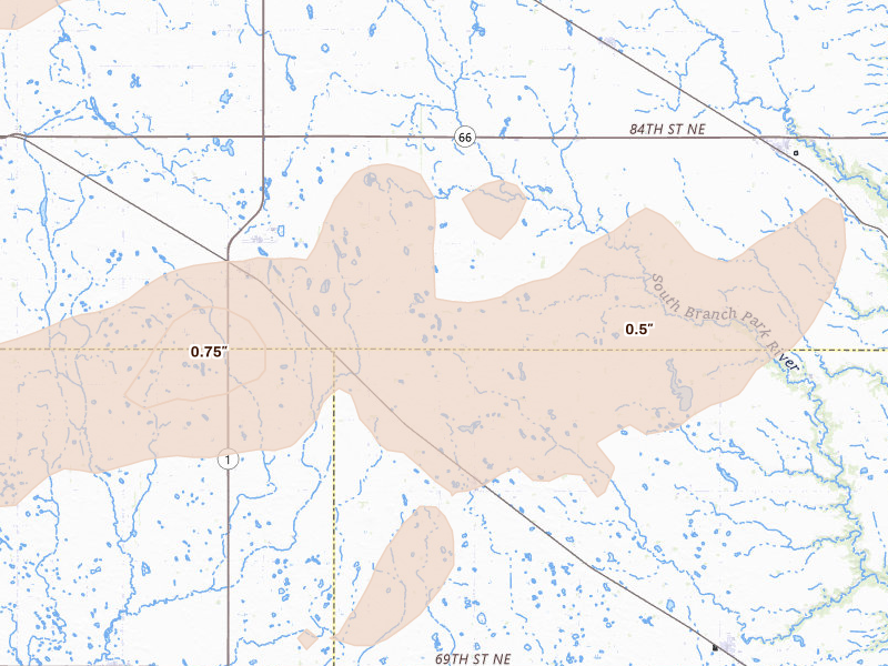 Radar-estimated hail-size map of the storm over Fairdale, ND on Jun 28, 2026