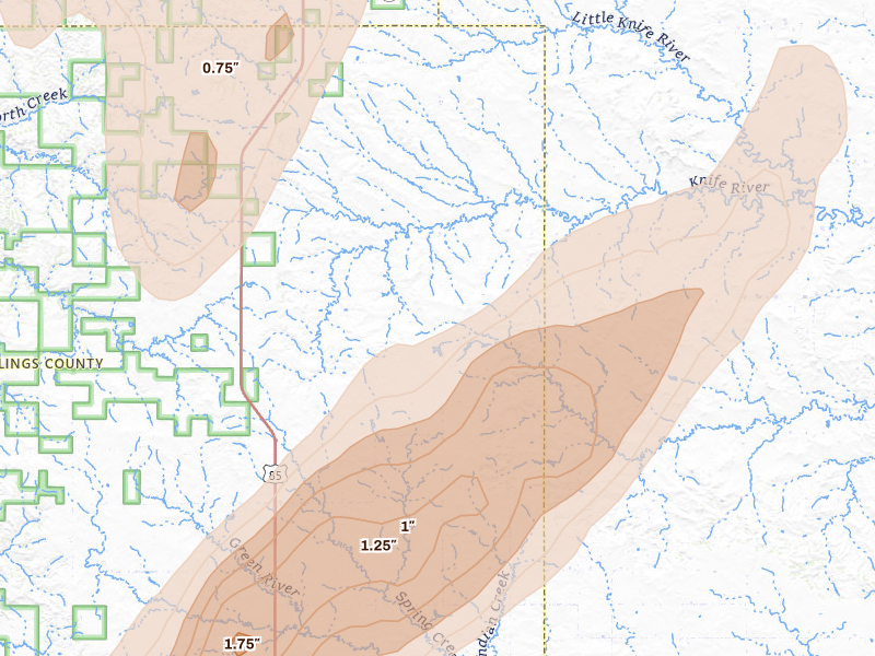 Radar-estimated hail-size map of the storm over Fairfield, ND on Jun 7, 2026