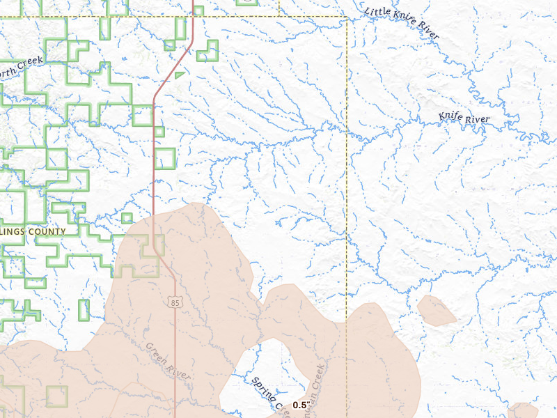 Radar-estimated hail-size map of the storm over Fairfield, ND on Jun 27, 2026
