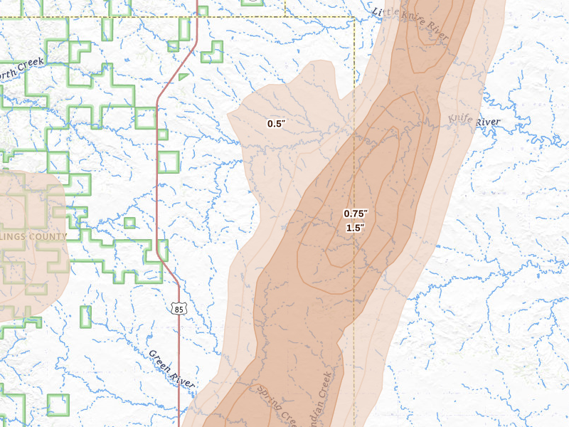 Radar-estimated hail-size map of the storm over Fairfield, ND on Jul 2, 2026
