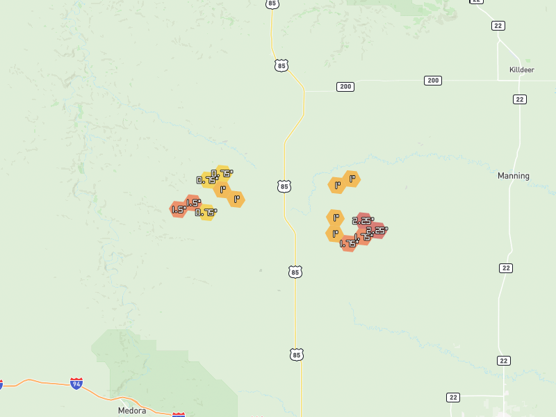Hail map of Fairfield, ND on Jul 3, 2026, hail up to 2.25"