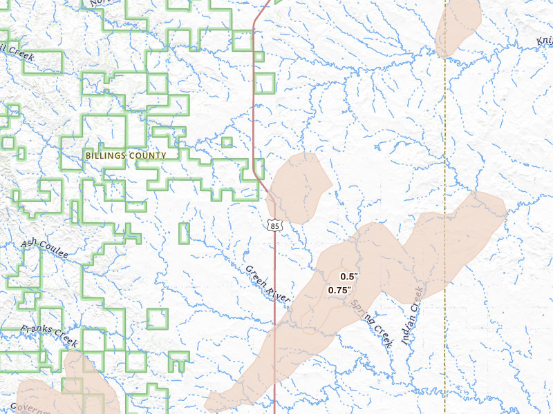 Radar-estimated hail-size map of the storm over Fairfield, ND