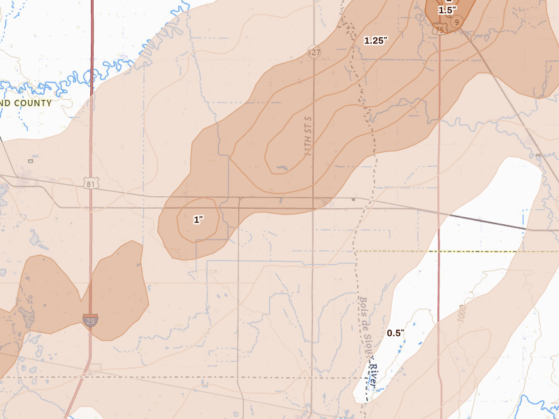Radar-estimated hail-size map of the storm over Fairmount, ND on Jun 29, 2026