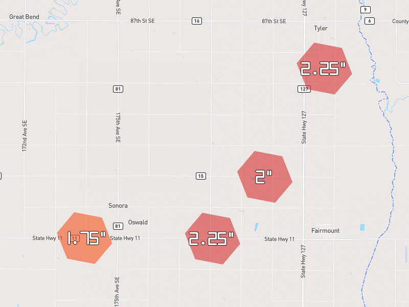 Hail map of Fairmount, ND on Jun 29, 2026, hail up to 2.25"