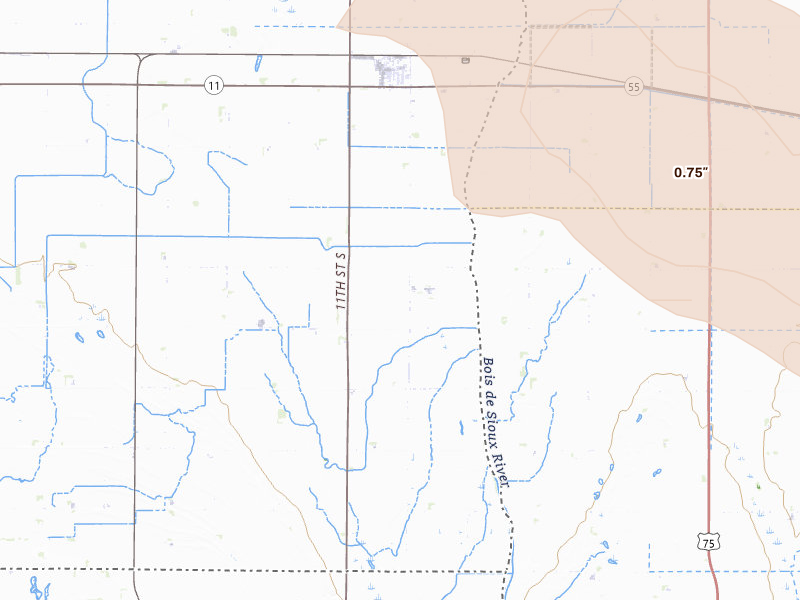 Radar-estimated hail-size map of the storm over Fairmount, ND on Jul 6, 2026