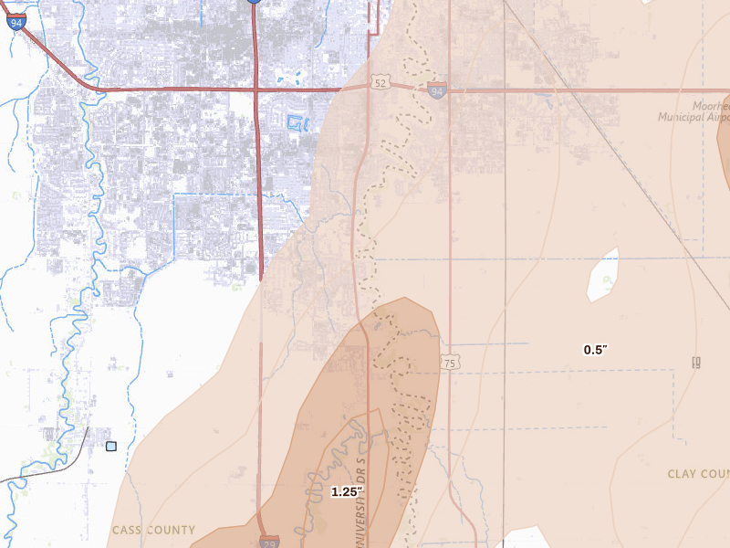Radar-estimated hail-size map of the storm over Fargo, ND on Jun 29, 2026