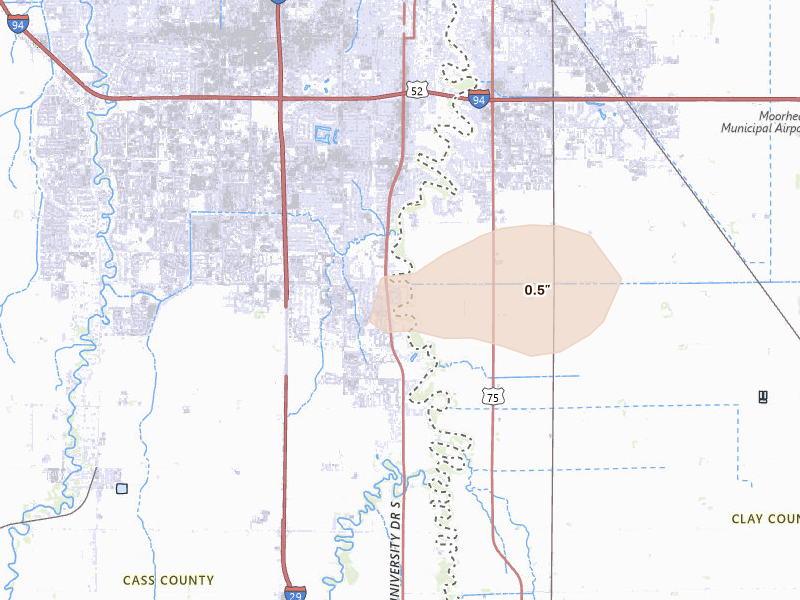 Radar-estimated hail-size map of the storm over Fargo, ND on Aug 11, 2026