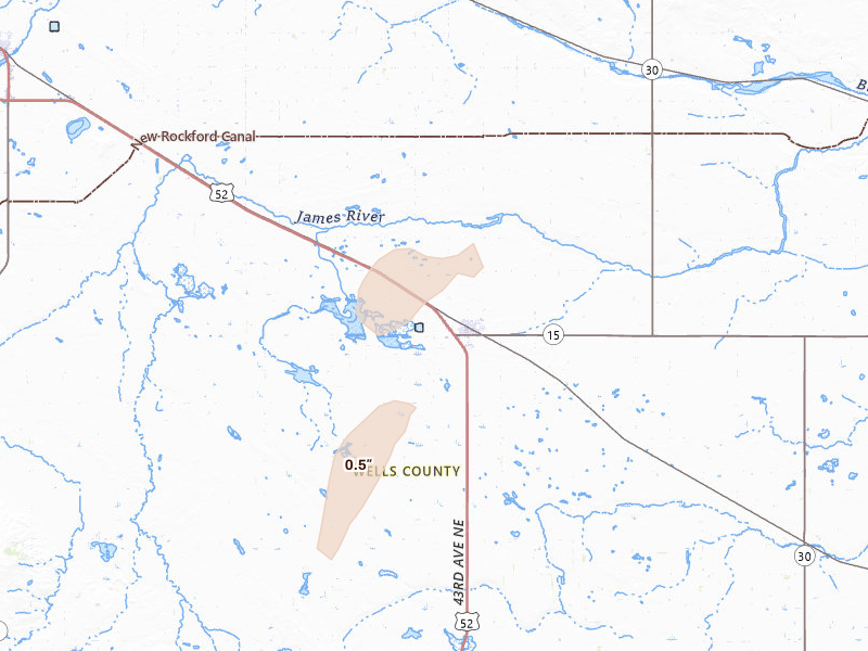 Radar-estimated hail-size map of the storm over Fessenden, ND on Jun 29, 2026