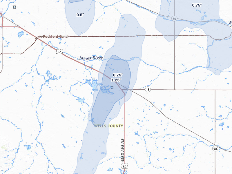 NEXRAD radar-signature map of the hail storm over Fessenden, ND on Jun 29, 2026