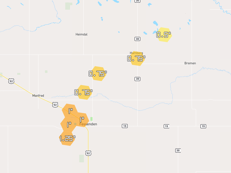 Hail map of Fessenden, ND on Jun 29, 2026, hail up to 1.25"