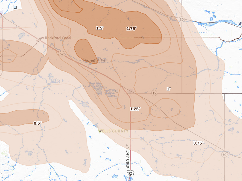 Radar-estimated hail-size map of the storm over Fessenden, ND on Jul 9, 2026