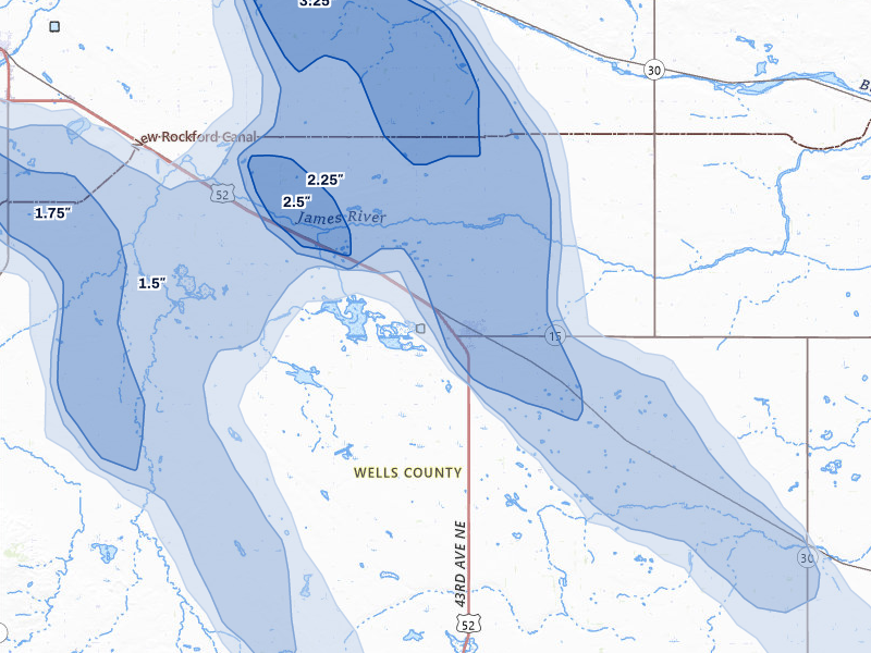 NEXRAD radar-signature map of the hail storm over Fessenden, ND on Jul 9, 2026