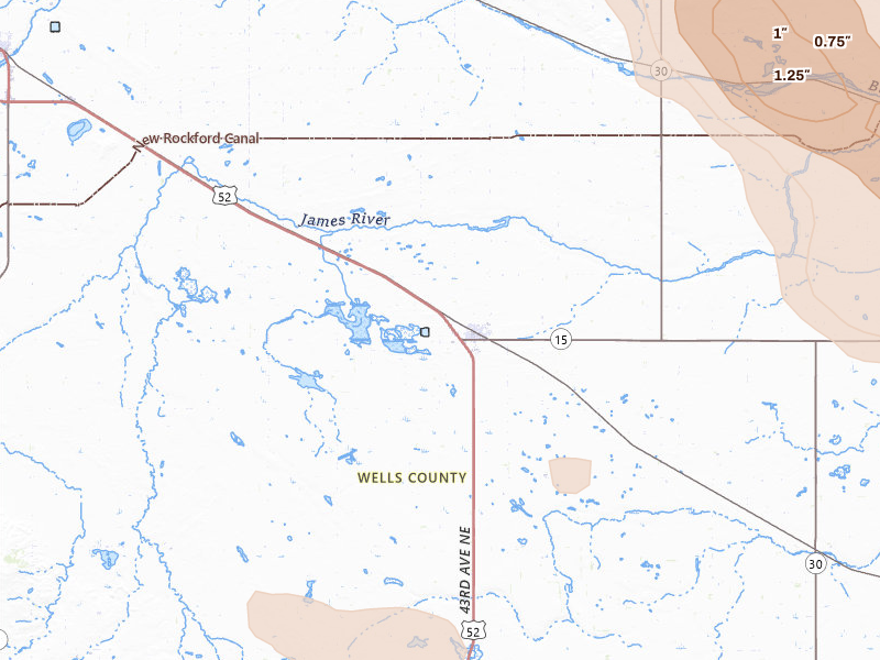 Radar-estimated hail-size map of the storm over Fessenden, ND on Jul 16, 2026