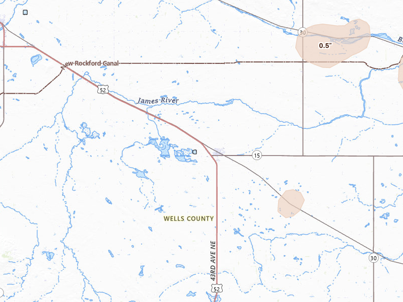 Radar-estimated hail-size map of the storm over Fessenden, ND on Jul 30, 2026
